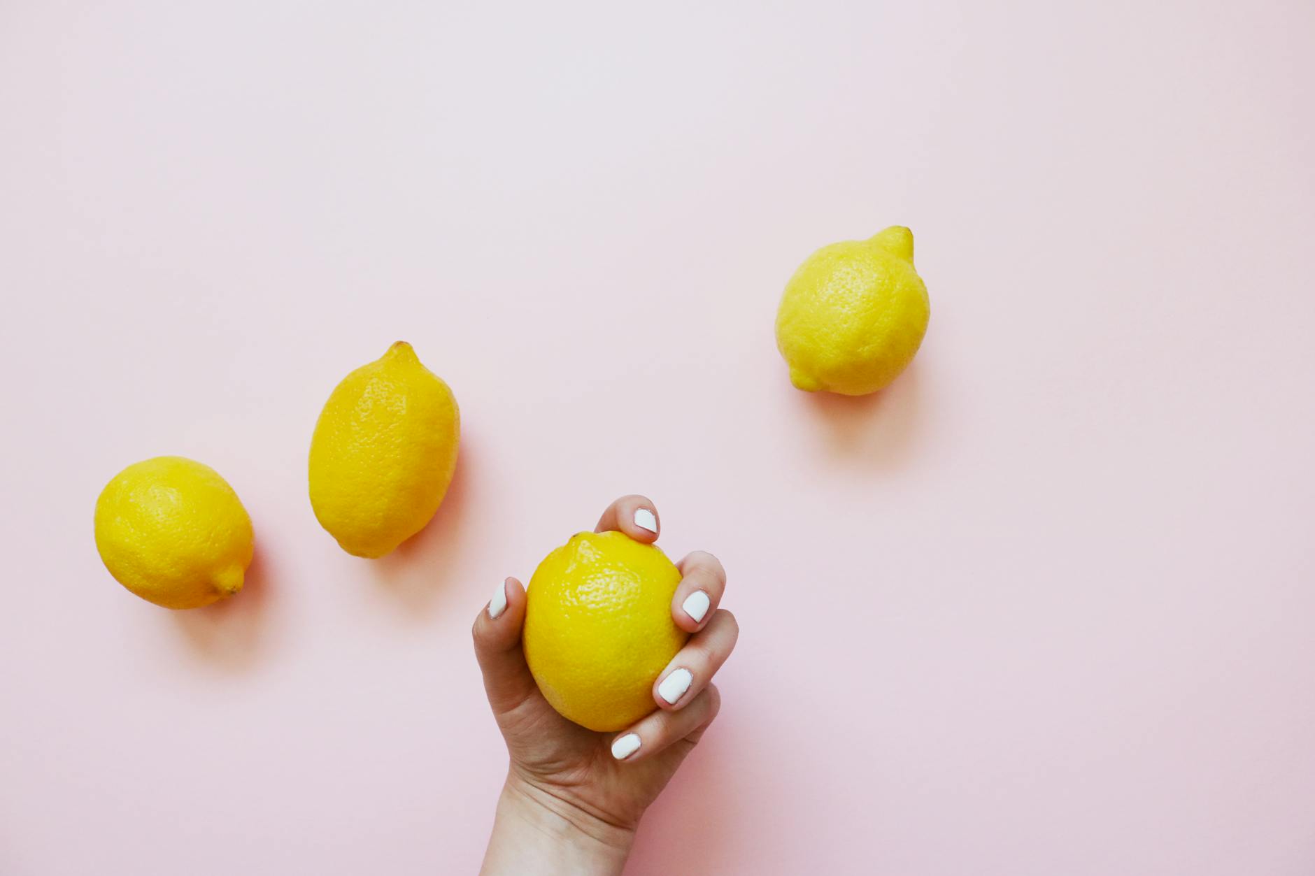 Uma mão com unhas brancas segurando um limão em um fundo rosa macio, cercada por três limões adicionais.